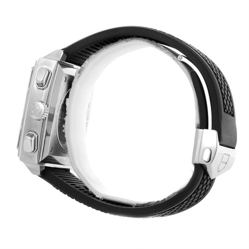 This image shows a side view of the Tag Heuer Monaco CAW2114 Men's Stainless Steel Black Dial CAW2114 Men's Stainless Steel Black Dial watch, focusing on its crown, pushers, and strap.
