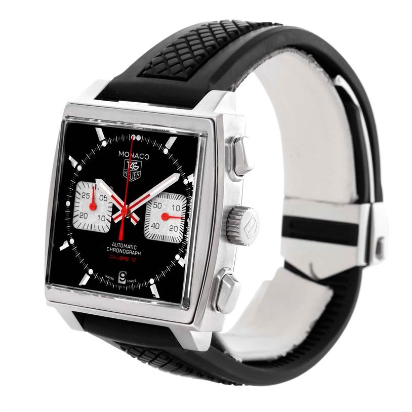 The image shows a side-angle view of a Tag Heuer Monaco CAW2114 Men's Stainless Steel Black Dial CAW2114 Men's Stainless Steel Black Dial watch, highlighting the dial, crown, pushers, and black strap.