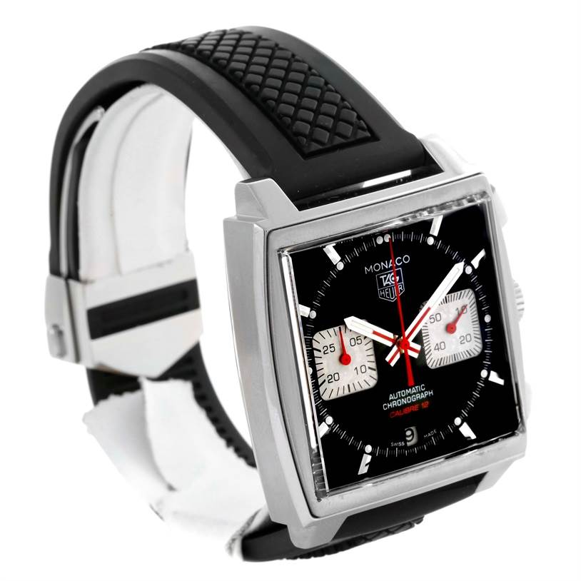 The Tag Heuer Monaco CAW2114 Men's Stainless Steel Black Dial CAW2114 Men's Stainless Steel Black Dial watch is shown at a slight angle from the front, highlighting its square face and black rubber strap.