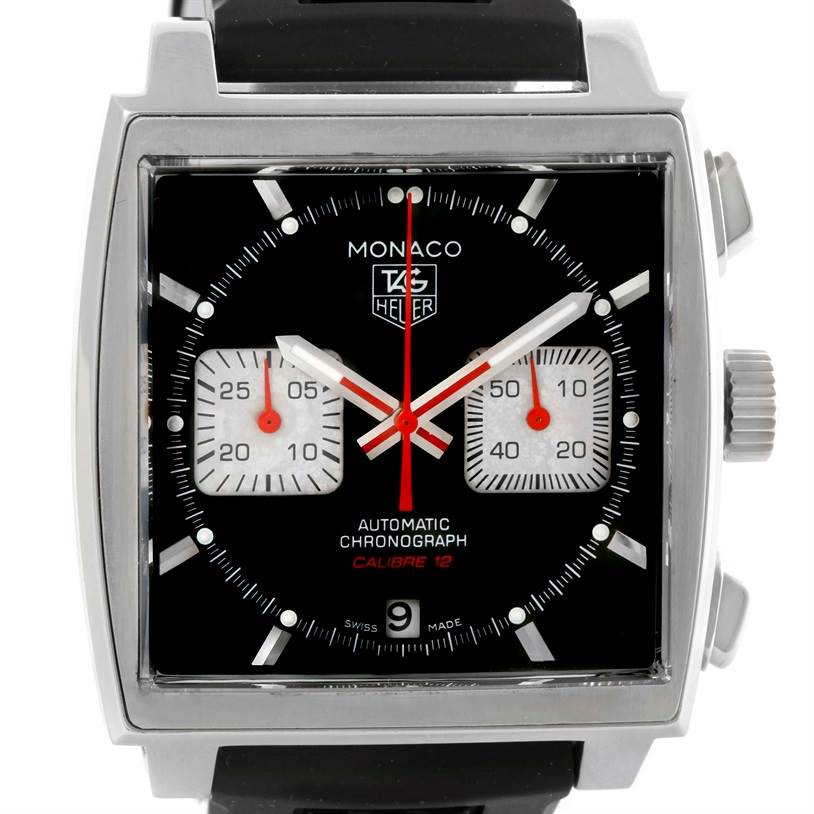 The image shows a front view of the Tag Heuer Monaco CAW2114 Men's Stainless Steel Black Dial CAW2114 Men's Stainless Steel Black Dial model watch, displaying its dial, sub-dials, hands, and crown.