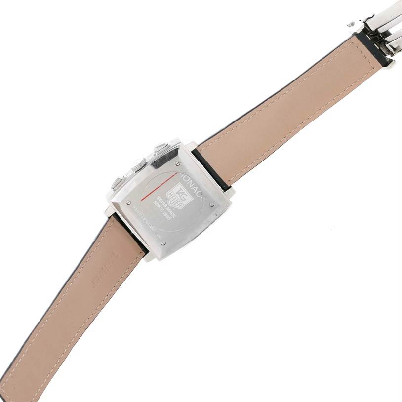 The image shows the back view of the Tag Heuer Monaco CW2113 Men's Stainless Steel Blue Dial CW2113 Men's Stainless Steel Blue Dial watch, displaying the case back and leather straps.