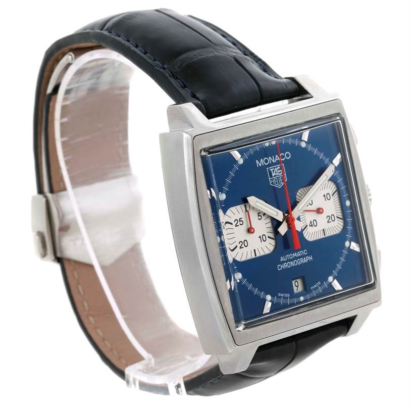 The image shows a Tag Heuer Monaco CW2113 Men's Stainless Steel Blue Dial CW2113 Men's Stainless Steel Blue Dial watch at a slight angle, highlighting the blue square dial, chronograph subdials, and black leather strap.