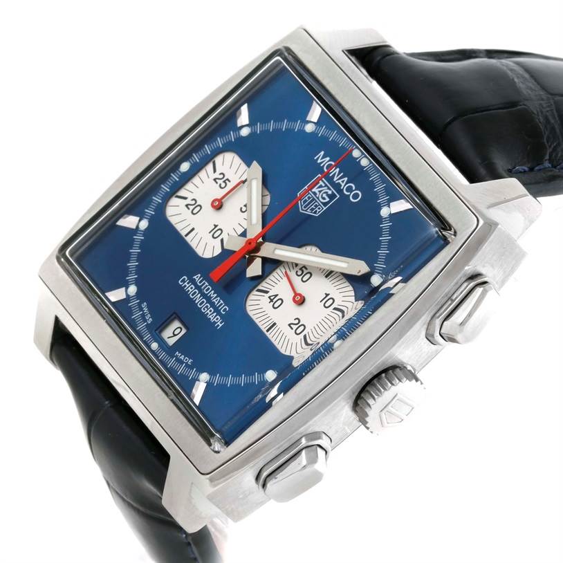 The Tag Heuer Monaco CW2113 Men's Stainless Steel Blue Dial CW2113 Men's Stainless Steel Blue Dial watch is shown at an angled close-up, highlighting its blue dial, chronograph, and leather strap.