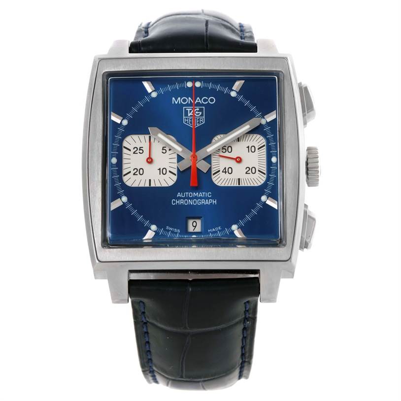 This image shows a front view of the Tag Heuer Monaco CW2113 Men's Stainless Steel Blue Dial CW2113 Men's Stainless Steel Blue Dial watch, featuring a blue square dial and leather strap.