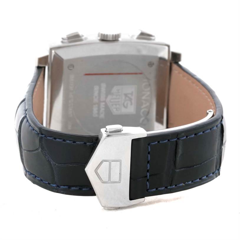 The image shows the back of a Tag Heuer Monaco CW2113 Men's Stainless Steel Blue Dial CW2113 Men's Stainless Steel Blue Dial watch, highlighting the clasp and part of the leather strap.