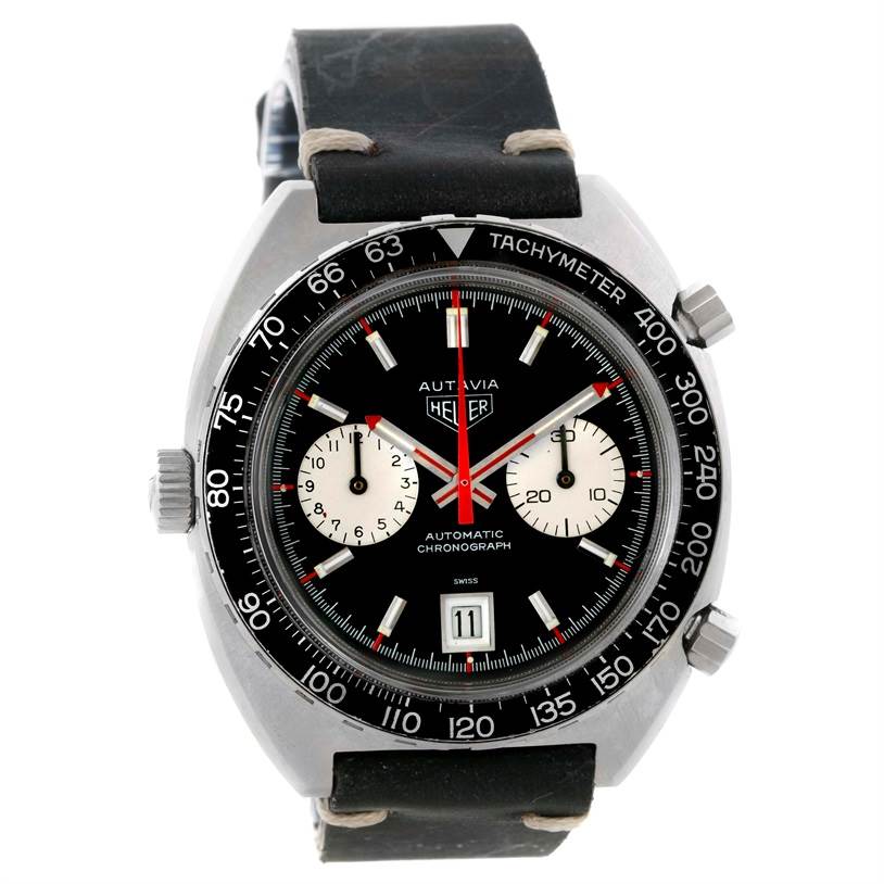 This image shows a front view of the Autavia model by Tag Heuer, displaying the watch face, bezel, crown, and strap.