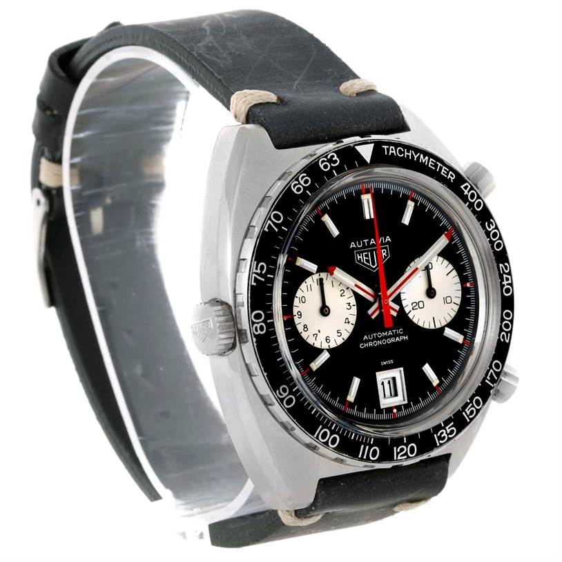 This image shows a Tag Heuer Autavia 1163 Men's Stainless Steel Black Dial 1163 Men's Stainless Steel Black Dial watch at a three-quarter angle, displaying the face, bezel, and part of the strap.