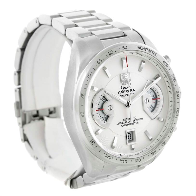 The image shows a front-left angle view of the Tag Heuer Carrera CAV511B Men
s Stainless Steel Silver Dial CAV511B Men
s Stainless Steel Silver Dial watch, highlighting its dial, bezel, and bracelet.