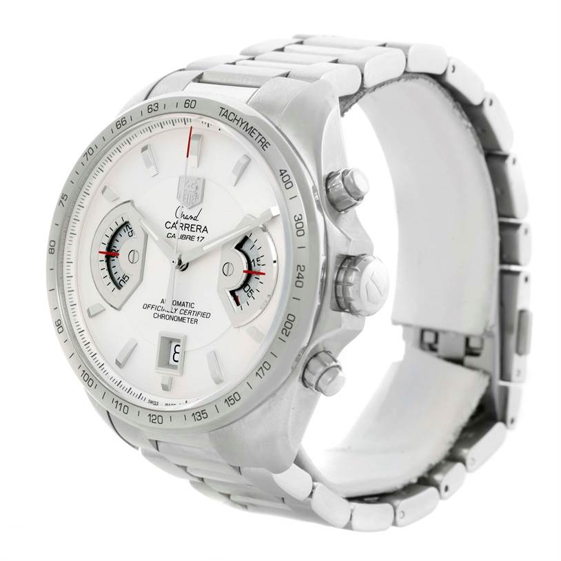 The image shows a Tag Heuer Carrera CAV511B Men
s Stainless Steel Silver Dial CAV511B Men
s Stainless Steel Silver Dial Calibre 17 watch from a three-quarter angle, highlighting the face, bezel, and bracelet.
