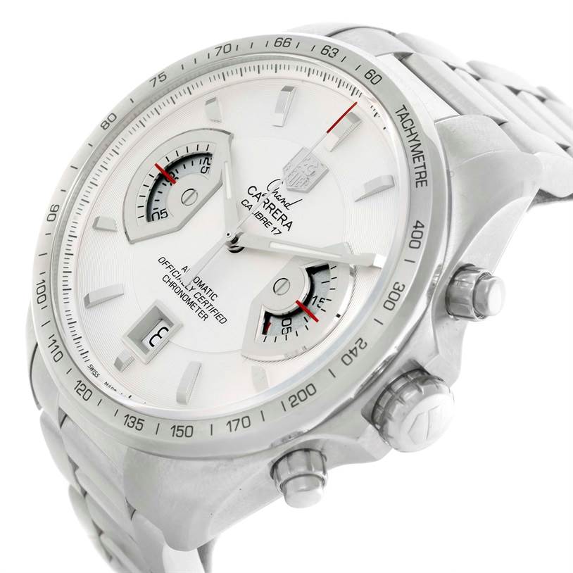 The Tag Heuer Carrera CAV511B Men
s Stainless Steel Silver Dial CAV511B Men
s Stainless Steel Silver Dial watch is shown at a tilted angle, displaying the face, chronograph subdials, bezel, and part of the metallic strap.