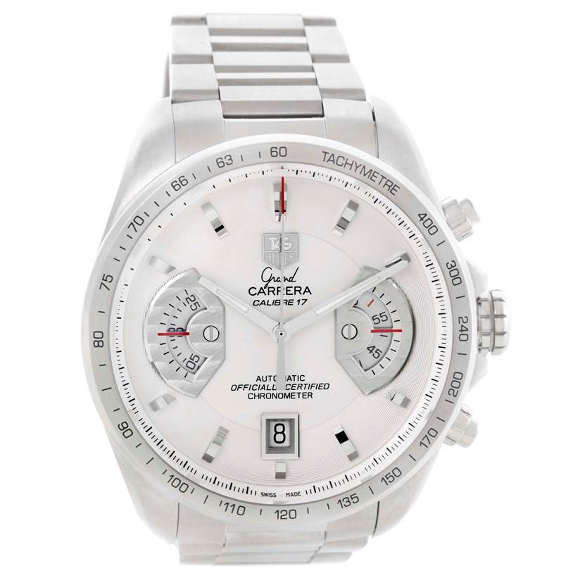 The image shows a front view of a Tag Heuer Carrera CAV511B Men
s Stainless Steel Silver Dial CAV511B Men
s Stainless Steel Silver Dial model watch, displaying its dial, bezel, and bracelet.