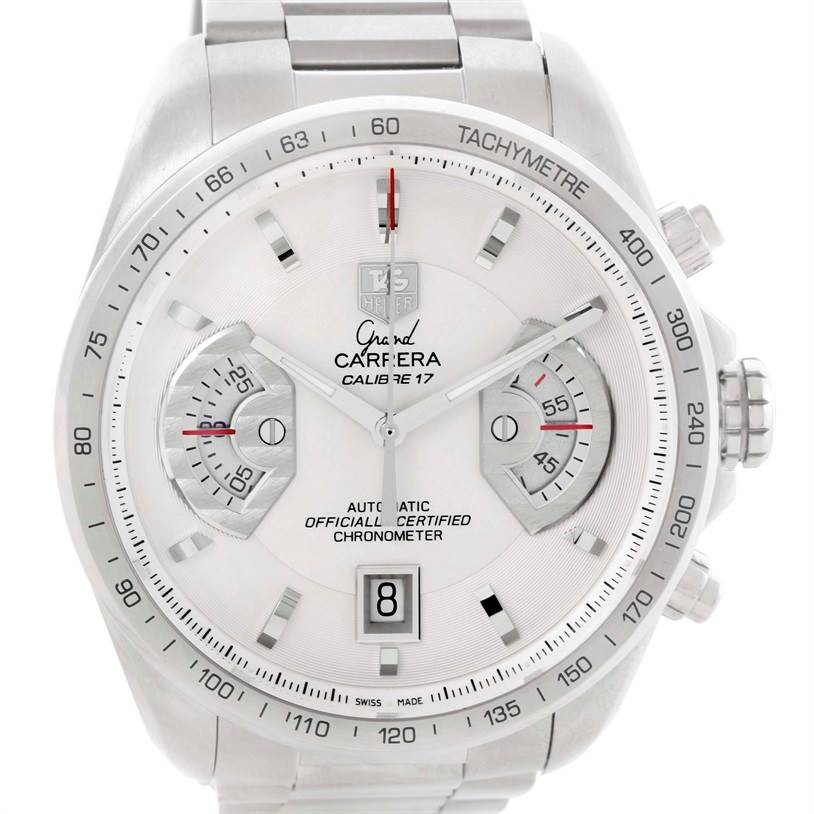 The image shows a front view of the Tag Heuer Carrera CAV511B Men
s Stainless Steel Silver Dial CAV511B Men
s Stainless Steel Silver Dial Grand model, displaying the dial, chronograph subdials, date, and tachymeter scale.