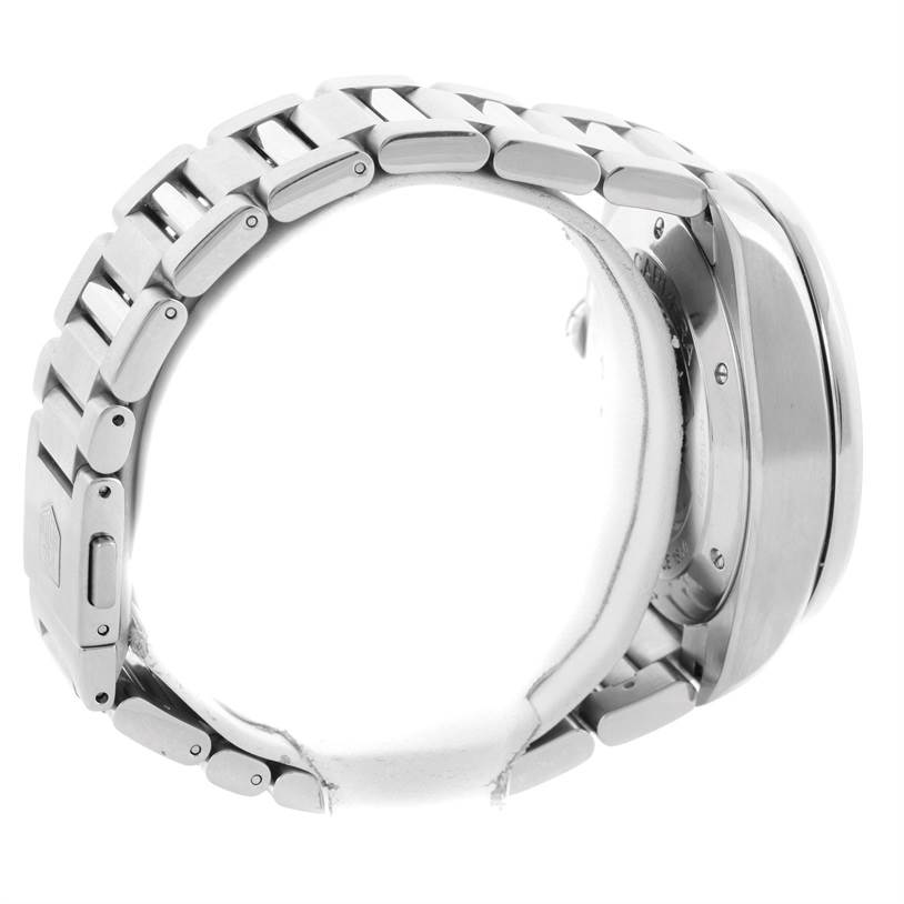 The image shows a side view of the Tag Heuer Carrera CAV511B Men
s Stainless Steel Silver Dial CAV511B Men
s Stainless Steel Silver Dial watch focusing on its metallic strap and case.