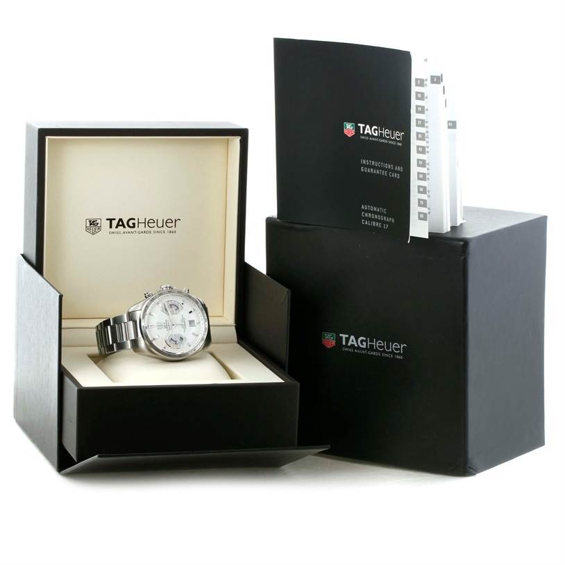 The image shows a Tag Heuer Carrera CAV511B Men
s Stainless Steel Silver Dial CAV511B Men
s Stainless Steel Silver Dial model watch in its box, alongside brand booklets and packaging.