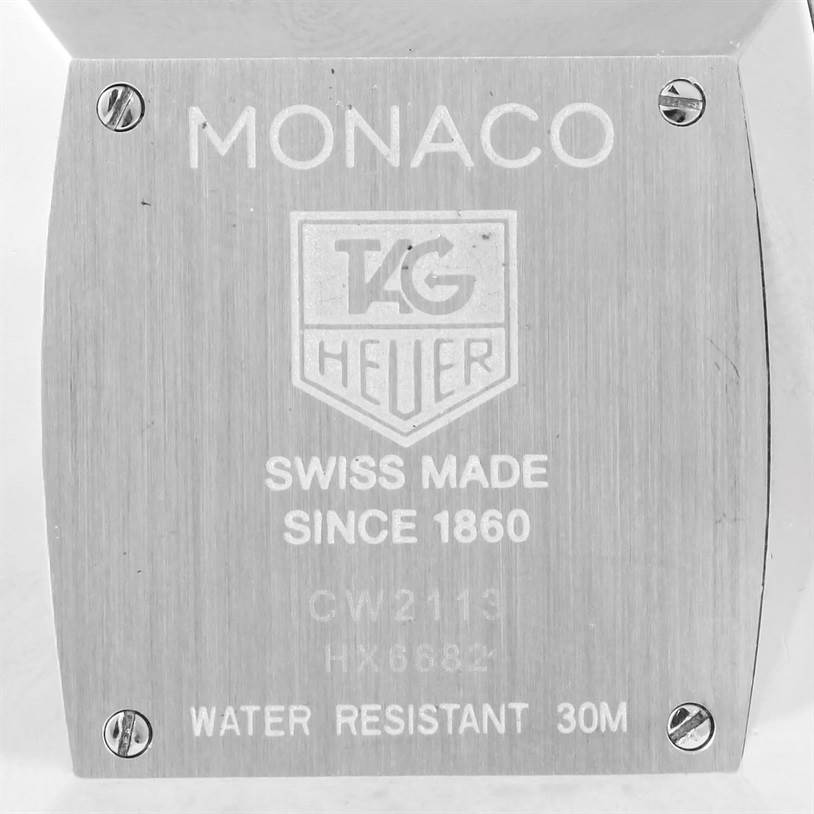 This image shows the backplate of a Tag Heuer Monaco CW2113 Men's Stainless Steel Blue Dial CW2113 Men's Stainless Steel Blue Dial watch, displaying branding and specifications.