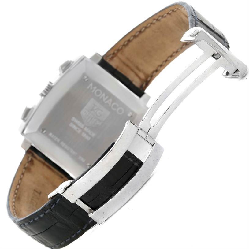 This image shows the back of a Tag Heuer Monaco CW2113 Men's Stainless Steel Blue Dial CW2113 Men's Stainless Steel Blue Dial watch, including the clasp and part of the strap.