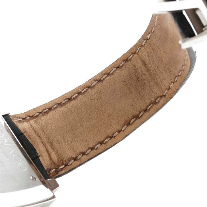 This image shows the inner leather strap and part of the clasp of a Monaco model watch by Tag Heuer.