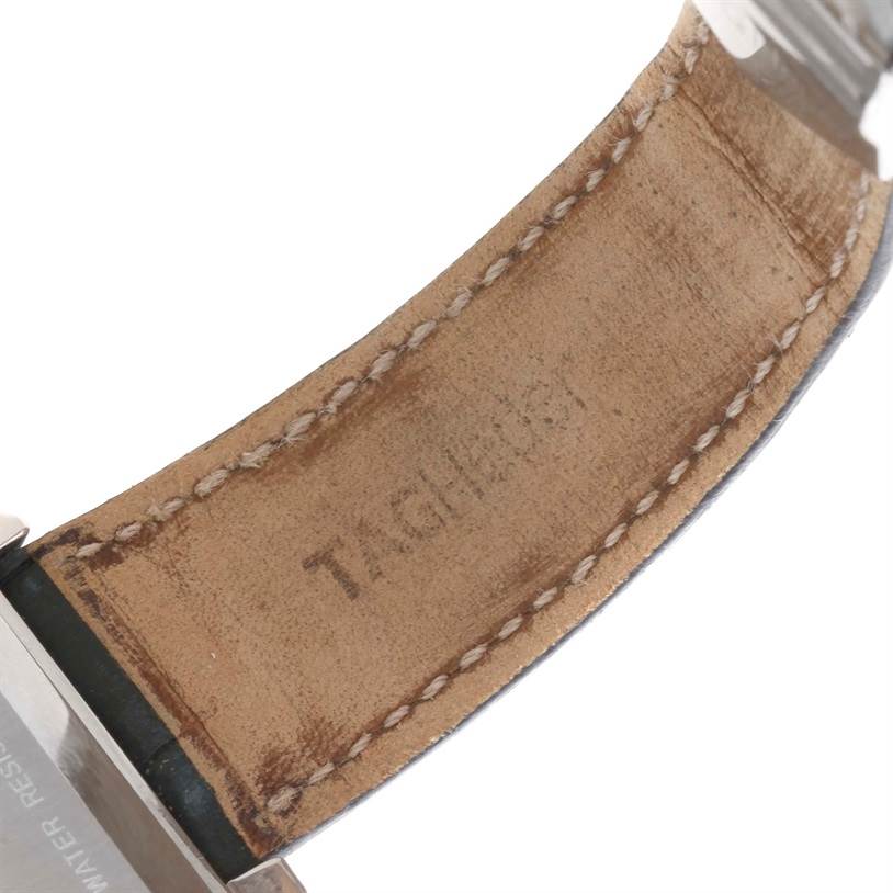 This image shows the inner side of the leather strap of a Tag Heuer Monaco CW2113 Men's Stainless Steel Blue Dial CW2113 Men's Stainless Steel Blue Dial watch, highlighting the stitching and branding.