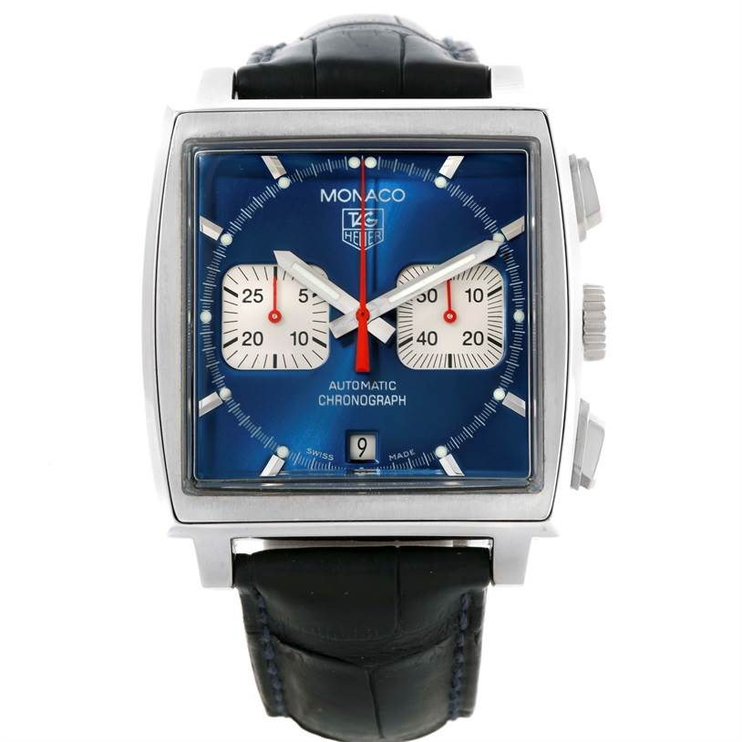 The image shows a front view of a Tag Heuer Monaco CW2113 Men's Stainless Steel Blue Dial CW2113 Men's Stainless Steel Blue Dial watch, highlighting its blue dial, chronograph subdials, and date display.