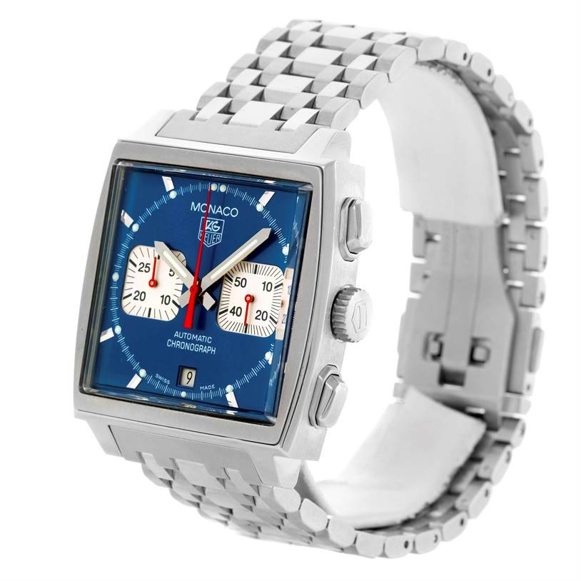 The Tag Heuer Monaco CW2113 Men's Stainless Steel Blue Dial CW2113 Men's Stainless Steel Blue Dial watch is shown at a 3/4 angle, focusing on its square face, blue dial, and stainless steel bracelet.