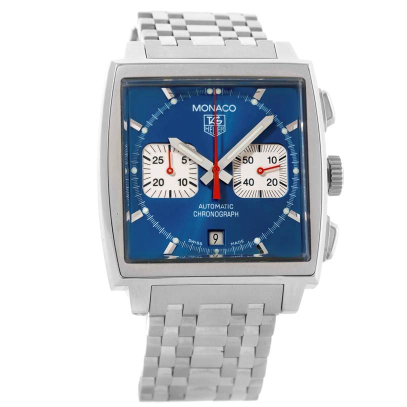 The image shows a front view of a Tag Heuer Monaco CW2113 Men's Stainless Steel Blue Dial CW2113 Men's Stainless Steel Blue Dial watch, displaying its square face, blue dial, chronographs, and stainless steel bracelet.