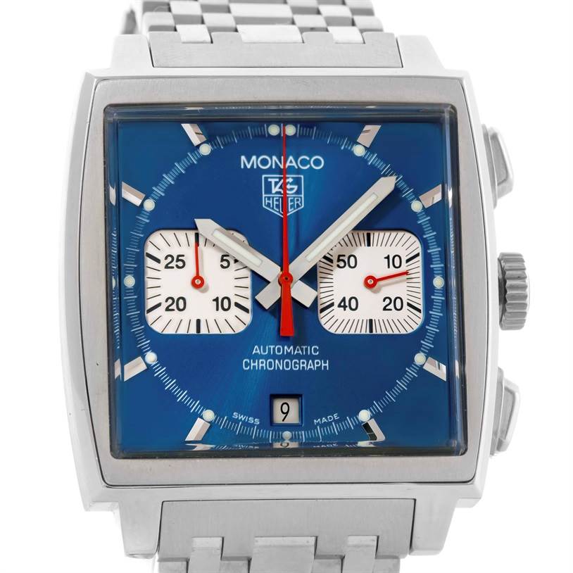 The image shows a front view of the Tag Heuer Monaco CW2113 Men's Stainless Steel Blue Dial CW2113 Men's Stainless Steel Blue Dial watch, displaying its blue dial, chronograph sub-dials, and stainless steel bracelet.
