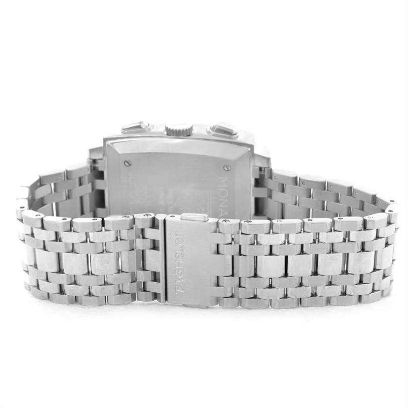 The image shows the back view of a Tag Heuer Monaco CW2113 Men's Stainless Steel Blue Dial CW2113 Men's Stainless Steel Blue Dial watch, highlighting the stainless steel case and bracelet.