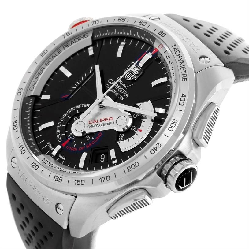 This Tag Heuer Carrera CAV5115 Men's Stainless Steel Black Dial CAV5115 Men's Stainless Steel Black Dial watch is shown from an angled close-up with a focus on its dial, bezel, and crown.