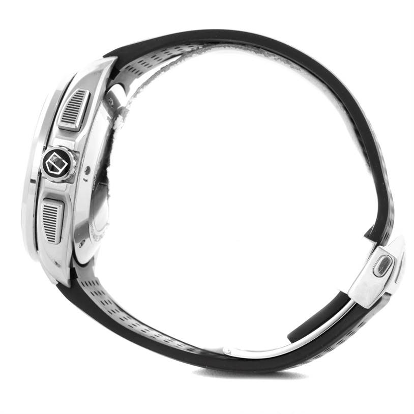 The image shows a side view of the Tag Heuer Carrera CAV5115 Men's Stainless Steel Black Dial CAV5115 Men's Stainless Steel Black Dial watch, highlighting the crown, pushers, and part of the strap.