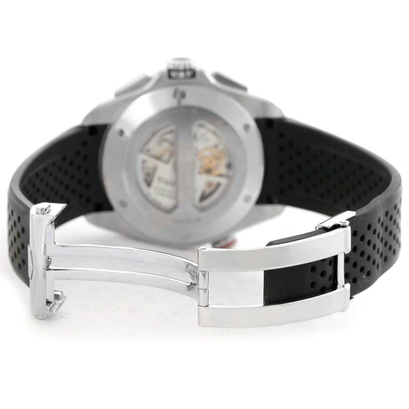 This image shows the back view of the Tag Heuer Carrera CAV5115 Men's Stainless Steel Black Dial CAV5115 Men's Stainless Steel Black Dial watch highlighting its open case back and deployment clasp on the strap.