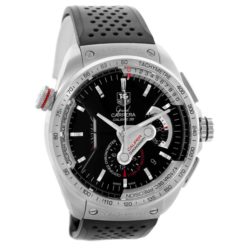 The image shows a frontal view of the Tag Heuer Carrera CAV5115 Men's Stainless Steel Black Dial CAV5115 Men's Stainless Steel Black Dial watch, highlighting the dial, bezel, and part of the black perforated strap.
