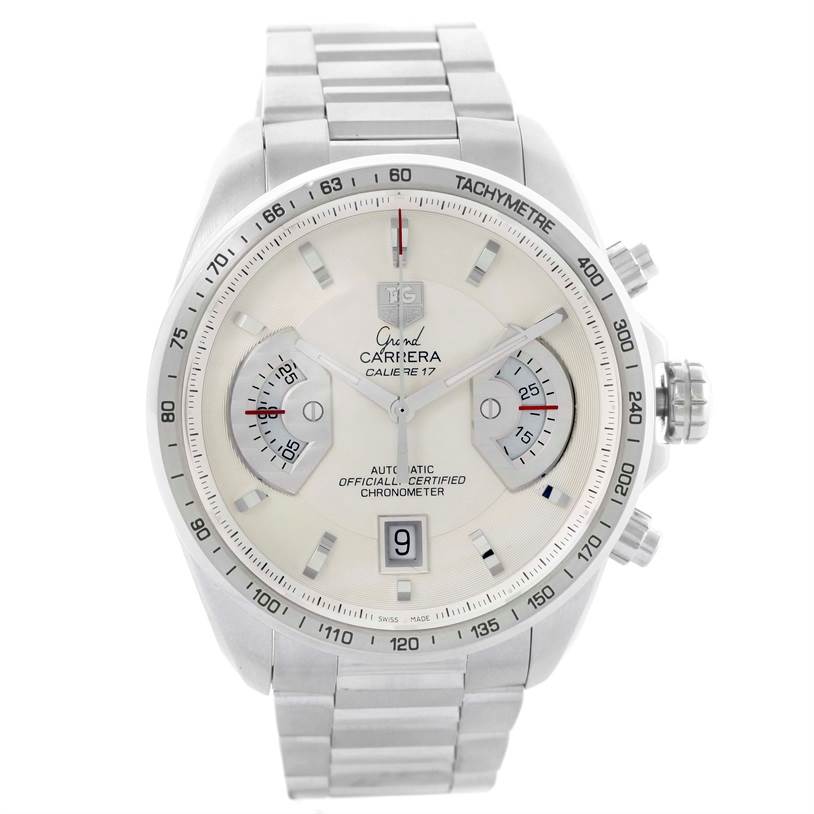 The image shows a front view of a Tag Heuer Carrera CAV511B Men's Stainless Steel Silver Dial CAV511B Men's Stainless Steel Silver Dial Calibre 17 watch, highlighting its dial, subdials, hands, and stainless steel bracelet.