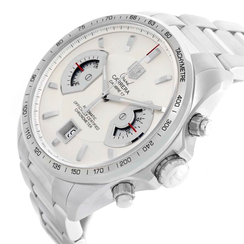 The image shows a Tag Heuer Carrera CAV511B Men's Stainless Steel Silver Dial CAV511B Men's Stainless Steel Silver Dial watch at an oblique angle, detailing the face, bezel, and stainless steel bracelet.