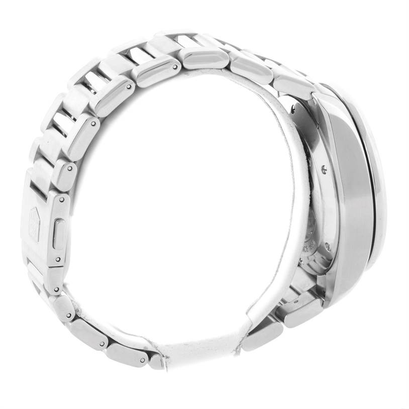 This side view of the Tag Heuer Carrera CAV511B Men's Stainless Steel Silver Dial CAV511B Men's Stainless Steel Silver Dial watch shows its stainless steel bracelet and part of the case.