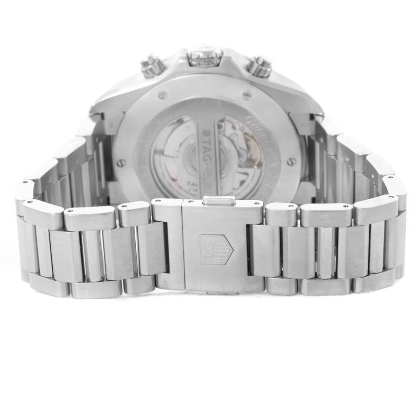 The image shows the back view of the Tag Heuer Carrera CAV511B Men's Stainless Steel Silver Dial CAV511B Men's Stainless Steel Silver Dial watch, focusing on the bracelet and case back.