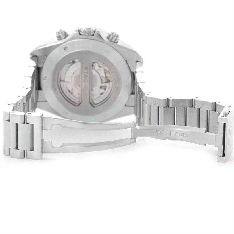 The image shows the open stainless steel bracelet and case back of a Tag Heuer Carrera CAV511B Men's Stainless Steel Silver Dial CAV511B Men's Stainless Steel Silver Dial model watch.