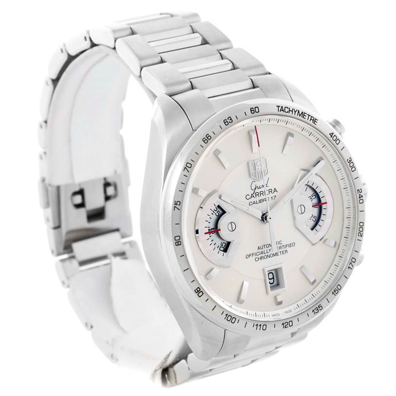 The image shows a Tag Heuer Carrera CAV511B Men's Stainless Steel Silver Dial CAV511B Men's Stainless Steel Silver Dial watch taken at a three-quarter angle, highlighting its face, bezel, and metal bracelet.