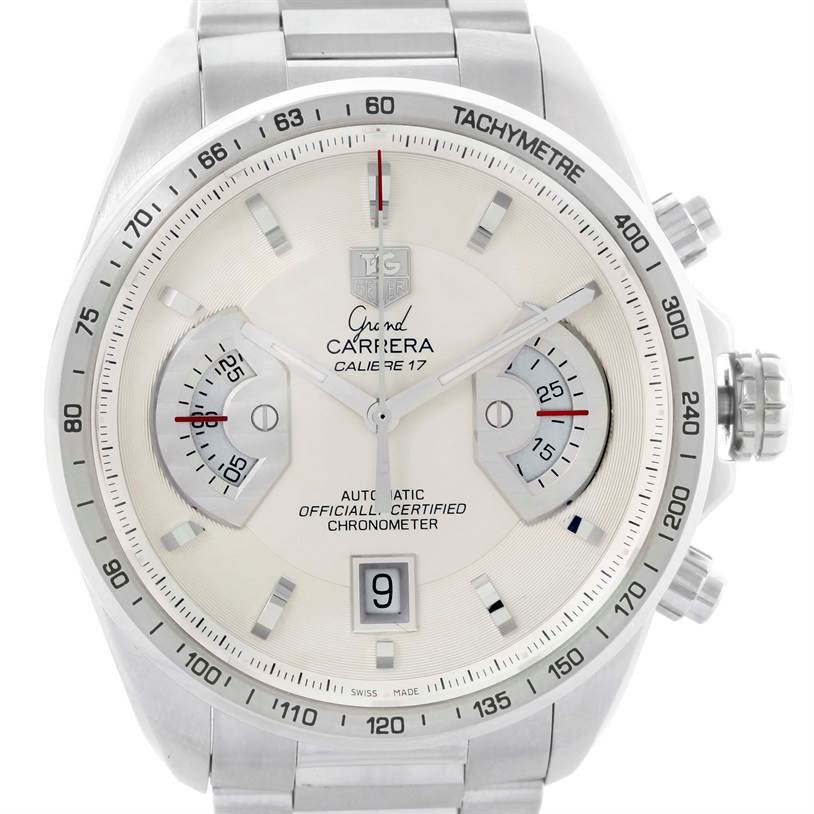 The image shows the front view of a Tag Heuer Carrera CAV511B Men's Stainless Steel Silver Dial CAV511B Men's Stainless Steel Silver Dial Calibre 17 watch, highlighting the dial, subdials, and tachymeter.