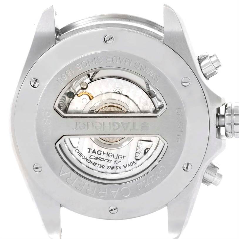 The image shows the back view of a Tag Heuer Carrera CAV511B Men's Stainless Steel Silver Dial CAV511B Men's Stainless Steel Silver Dial watch, revealing the inner mechanism and inscriptions.