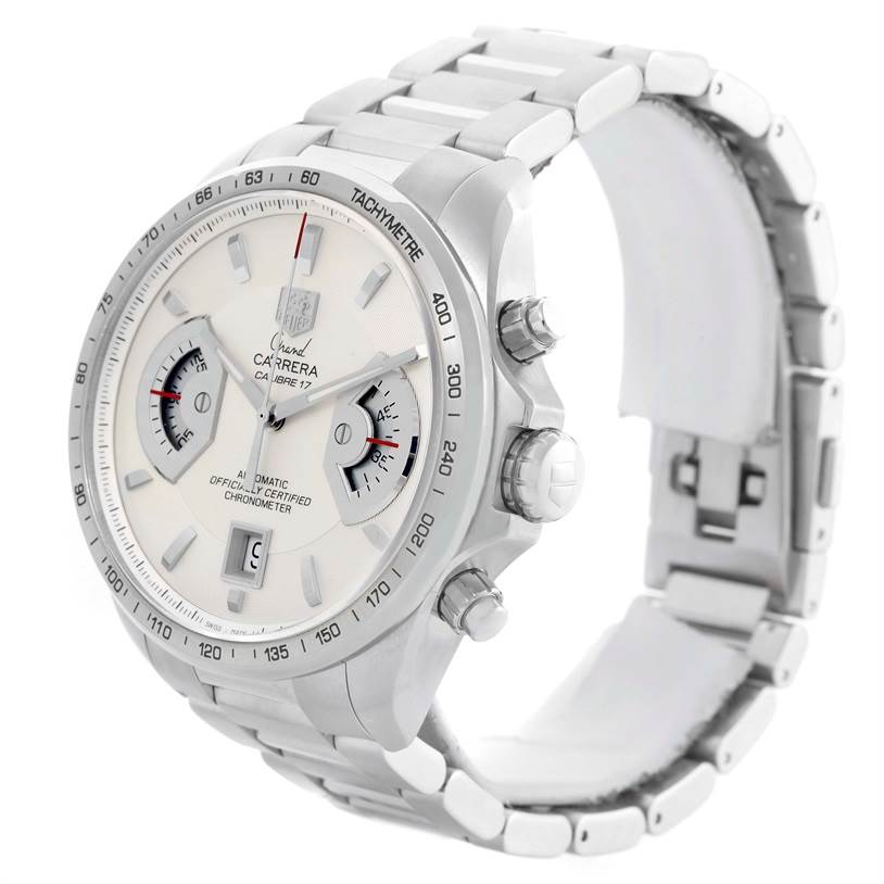 The Tag Heuer Carrera CAV511B Men's Stainless Steel Silver Dial CAV511B Men's Stainless Steel Silver Dial watch is shown from a three-quarter angle, highlighting its face, crown, pushers, and stainless steel bracelet.