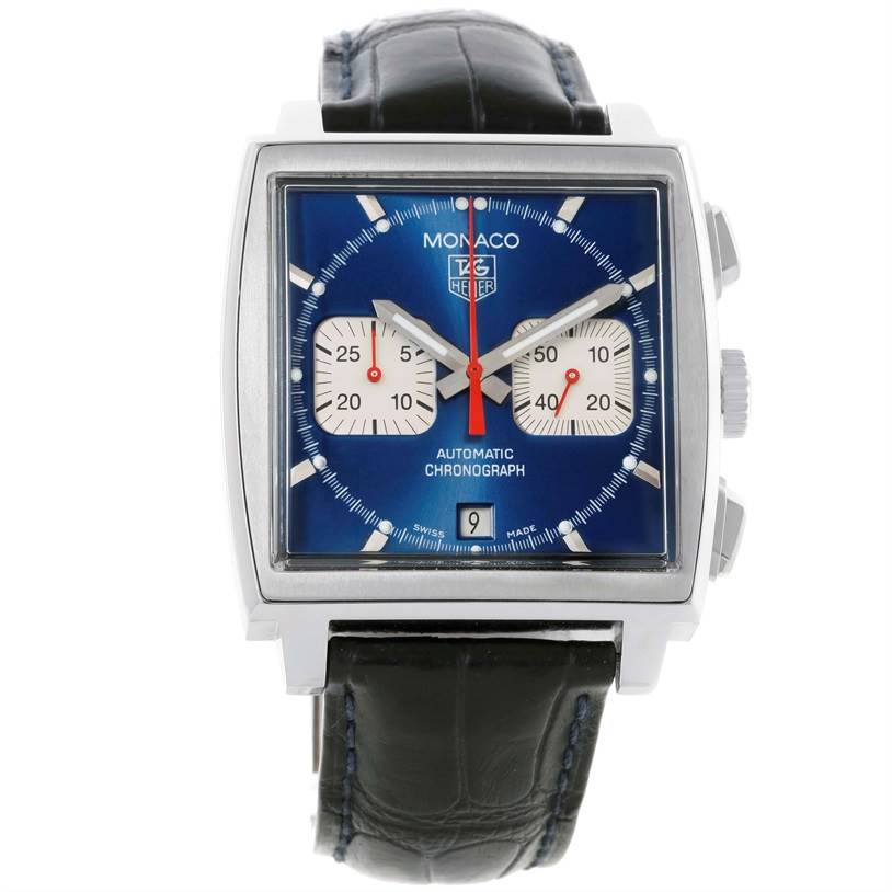 The image shows a front view of the Tag Heuer Monaco CW2113 Men
s Stainless Steel Blue Dial CW2113 Men
s Stainless Steel Blue Dial watch, displaying its dial, two subdials, date window, and leather strap.