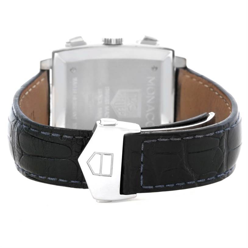 The image shows the back view of the Tag Heuer Monaco CW2113 Men
s Stainless Steel Blue Dial CW2113 Men
s Stainless Steel Blue Dial watch focusing on the clasp and strap.