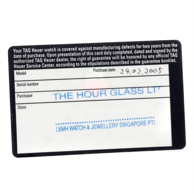 The image shows a warranty card for the Tag Heuer Monaco CW2113 Men
s Stainless Steel Blue Dial CW2113 Men
s Stainless Steel Blue Dial model, detailing purchase specifics.