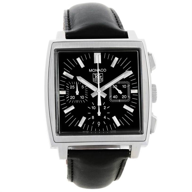 The image shows a front-angle view of the Tag Heuer Monaco CW2111 Men's Stainless Steel Black Dial CW2111 Men's Stainless Steel Black Dial watch, displaying the face, dial, and strap.