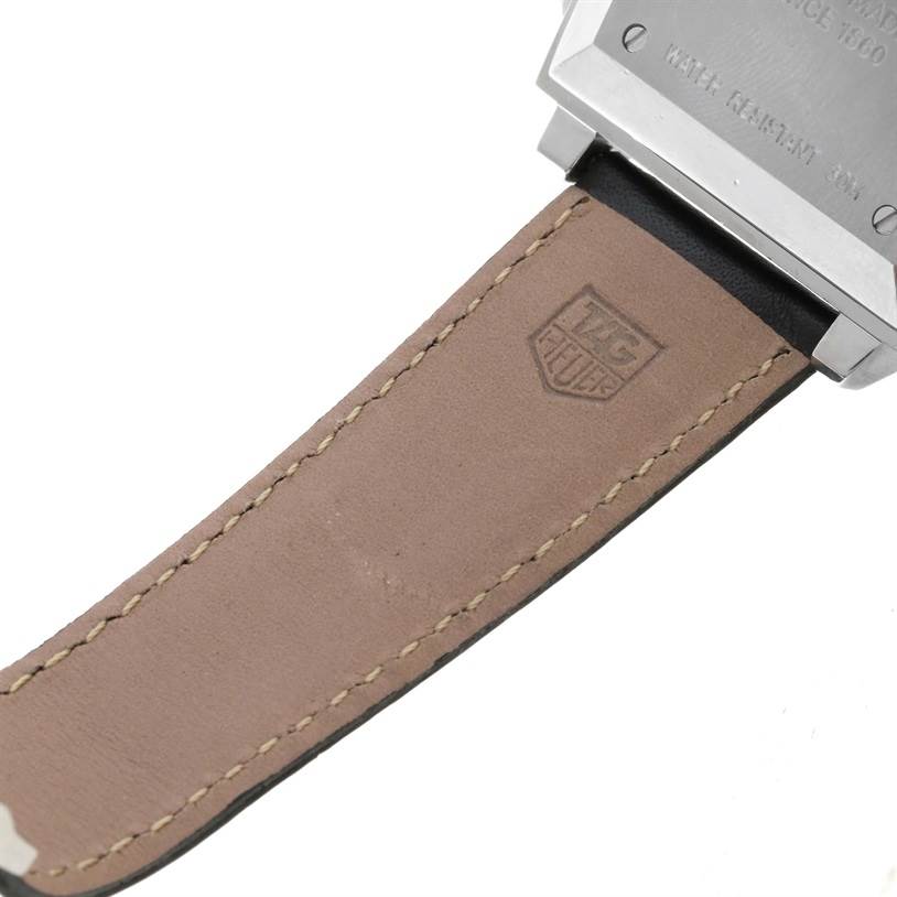 The image shows the leather strap and the back casing of a Tag Heuer Monaco CW2111 Men's Stainless Steel Black Dial CW2111 Men's Stainless Steel Black Dial watch.