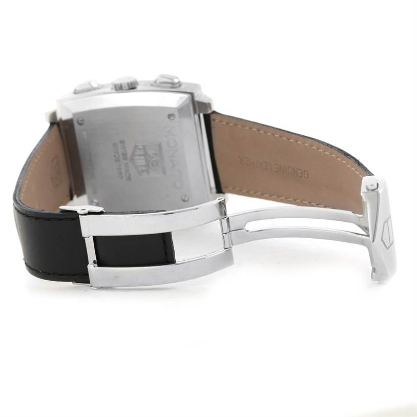 The image shows the back case, crown, and deployment clasp of the Tag Heuer Monaco CW2111 Men's Stainless Steel Black Dial CW2111 Men's Stainless Steel Black Dial model watch at an angled view.
