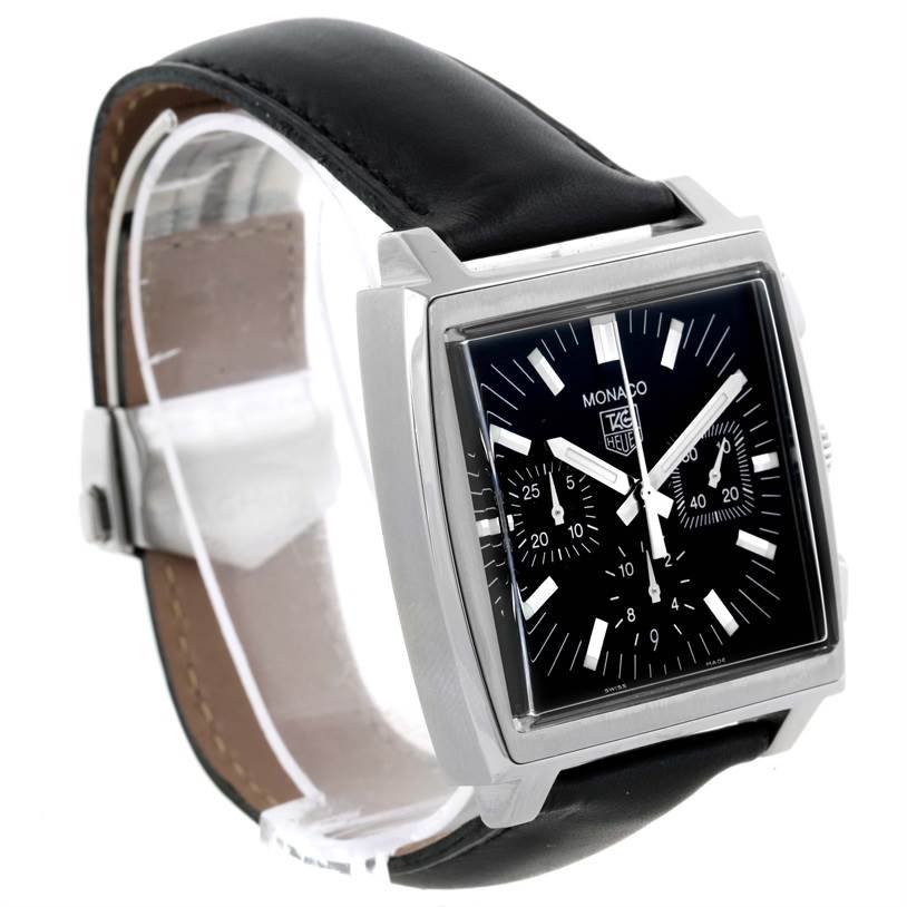 The image shows a Tag Heuer Monaco CW2111 Men's Stainless Steel Black Dial CW2111 Men's Stainless Steel Black Dial watch at a slight angle, highlighting its square face, black dial, and leather strap.