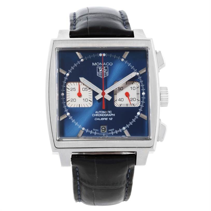 The image shows a front view of the Tag Heuer Monaco CAW2111 Men's Stainless Steel Blue Dial CAW2111 Men's Stainless Steel Blue Dial watch, highlighting its square dial, chronograph subdials, and leather strap.
