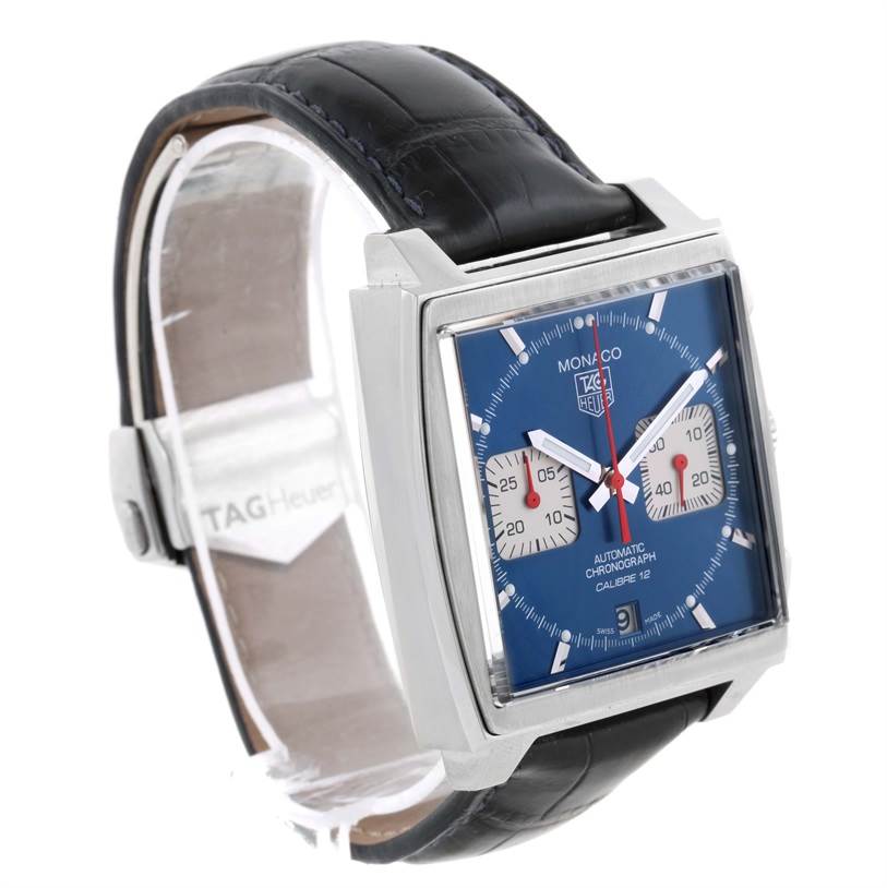 This image shows a Tag Heuer Monaco CAW2111 Men's Stainless Steel Blue Dial CAW2111 Men's Stainless Steel Blue Dial watch viewed at an oblique angle, displaying the face, crown, and strap.