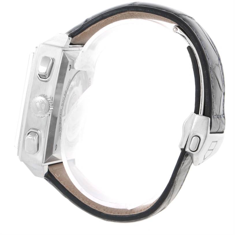 Side view of the Tag Heuer Monaco CAW2111 Men's Stainless Steel Blue Dial CAW2111 Men's Stainless Steel Blue Dial watch showcasing the crown, pushers, and part of the leather strap.